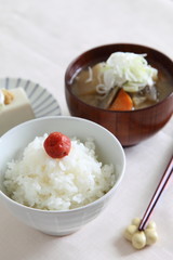 Japanese Traditional Food - miso soup BUTAJIRU and Rice with pickled plum UMEBOSHI