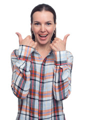 happy woman gesturing thumbs up. Isolated