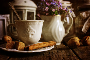 retro tea set on wooden background