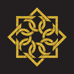 Golden glittering logo template in Celtic knots style on black background. Tribal symbol in octagonal mandala form. Gold ornament for jewelry design.