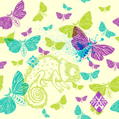 vector seamless pattern with chameleon and butterflies