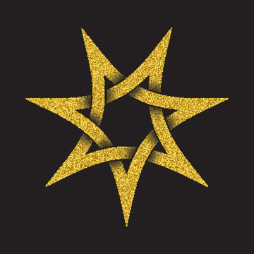 Golden glittering logo template in Celtic knots style on black background. Tribal symbol in seven pointed star form. Gold ornament for jewelry design.