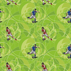 Seamless pattern with an abstract image of soccer (football) players with ball on a green background, made with circle