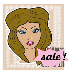 Pop art style girl on halftone background with sale bubble. Sticker figure, poster. Vector. Social netwok sticker