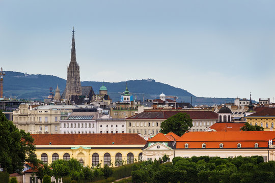 Vienna, panorama view of town and mountains in background. Austria