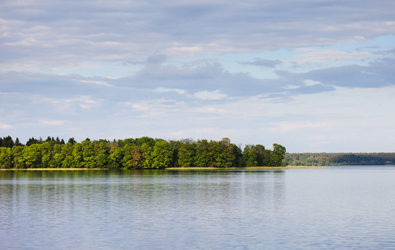 serene landscape, a lake, forest and cloudy sky