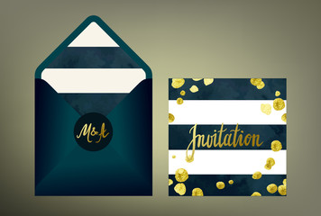 Tony wedding invitation suite. Stylish cards and envelope vector templates with hand written calligraphy elements and glitter gold blots on deep blue and white striped background. - 112743156