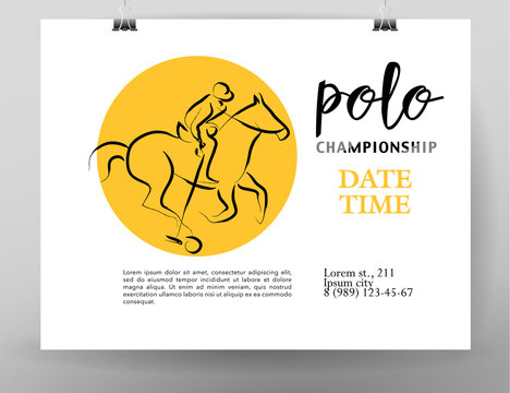Vector hand drawn sportsman silhouette. Horse rider, polo player. Flat sport advertising design template. Placard, poster, banner, leaflet, card.