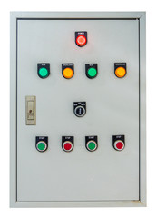 Electrical control box on white background.