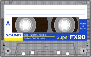 Retro plastic audio cassette, music cassette, cassette tape. Isolated on white background. Realistic illustration of old technology. Vintage tape.