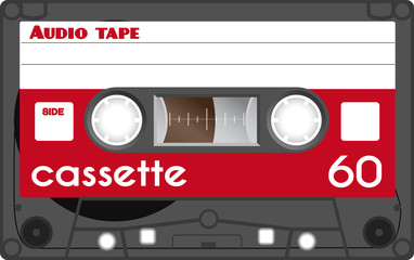 Retro plastic audio cassette, music cassette, cassette tape. Isolated on white background. Realistic illustration of old technology. Vintage tape.