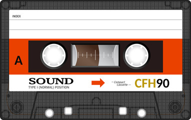 Retro plastic audio cassette, music cassette, cassette tape. Isolated on white background. Realistic illustration of old technology. Vintage tape. - obrazy, fototapety, plakaty