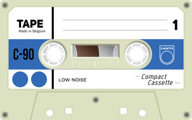 Retro plastic audio cassette, music cassette, cassette tape. Isolated on white background. Realistic illustration of old technology. Vintage tape.
