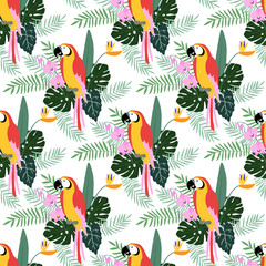 Tropical jungle seamless pattern with parrot bird, orchid and strelitzia flowers, palm and monstera leaves, flat design, vector.