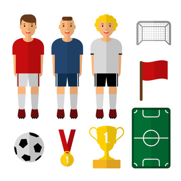 Set of soccer, football illustrations. Soccer players. Isolated vectors. Flat design. Web icons. Soccer player, trophy, ball.
