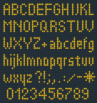 'Indifont', a digital led font for indicators. Vector graphic on separated background.