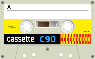 Retro plastic audio cassette, music cassette, cassette tape. Isolated on white background. Realistic illustration of old technology. Vintage tape.