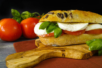 Healthy Vegetarian Veggie Sandwich with tomato, basil, mozzarella