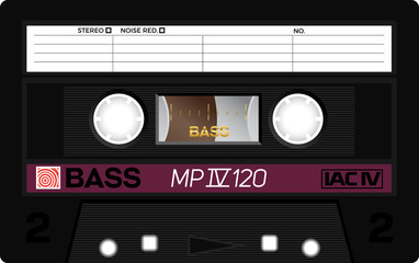 Retro plastic audio cassette, music cassette, cassette tape. Isolated on white background. Realistic illustration of old technology. Vintage tape.