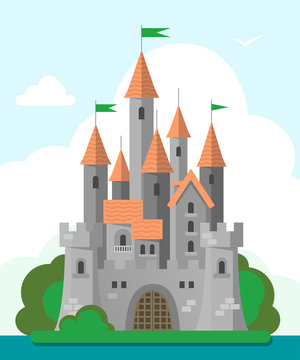 Grey castle with red roof in a flat style on white background. The castle with lots of towers on green island. Cartoon stone castle. Vector illustration.