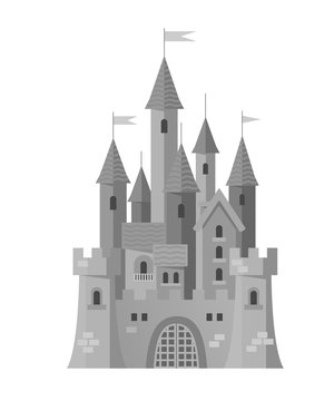 Grey castle in a flat style on white background. The castle with lots of towers. Cartoon stone castle. Vector illustration.