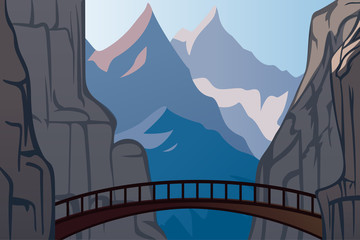 Bridge over the canyon in the morning. The view from the gorge of the blue mountains. Vector illustration.