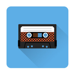 Cassette tape icon flat style. Isolated icon depicting retro technology, music tape cassette. Vintage cassette tape sign. Flat series, blue.