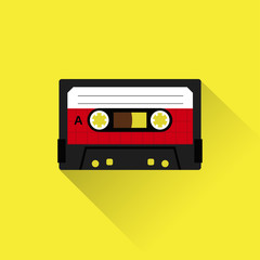 Cassette tape icon flat style. Isolated icon depicting retro technology, music tape cassette. Vintage cassette tape sign. Flat series.