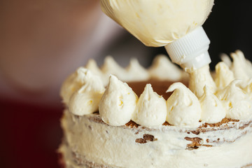 Woman Carefully Icing The Cake