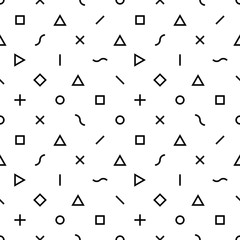 Fototapeta na wymiar Abstract geometric seamless pattern. Triangles, squares, crosses, lines, s-shapes and circles on solid background. Black and white colors. Trendy necktie texture.