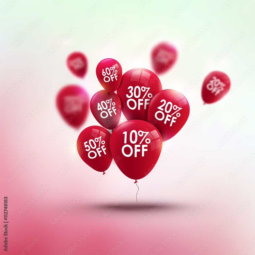 Sticker trendy sale background with red baloons and discounts percentage