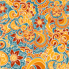Bright seamless pattern in doodle style, colored in blue, yellow, red and orange. Hand-drawn elegant vector ornament.