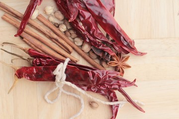 Dried chili for cooking on wood background.