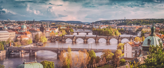 Prague, Czech Republic bridges skyline with historic Charles Bridge and Vltava river. Vintage - obrazy, fototapety, plakaty