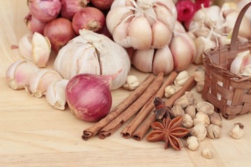 Shallot and garlic for cooking on wood background.
