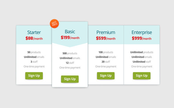 Pricing plan web page template, pricing table website element webpage design
