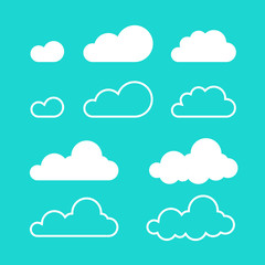Clouds vector isolated on blue sky background, flat cartoon cloud set, collection of line art outline cloud shapes