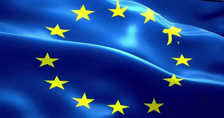 EU flag, euro flag, flag of european union waving, yellow star on blue background - Powered by Adobe