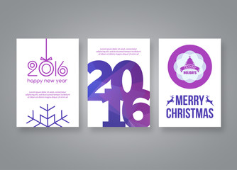 Happy new year 2016 and Merry Christmas vector lilac modern brochure design template with numbers. Set of Postcard, invitation. Vector illustration.