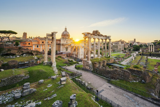 Roman Forum in Rome, Italy during sunrise.
