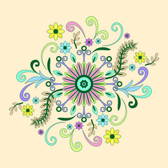 Abstract Background with Symbolical Floral Patterns, Colorful Ornament. Vector