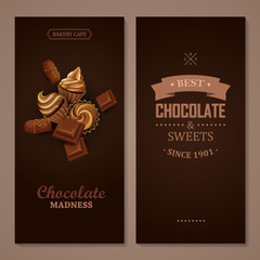 Poster vector template with chocolate and cupcakes. Advertising for bakery shop or cafe.