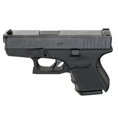 Gun metallic police, military, black on white background isolated, side view. 3D graphic