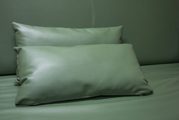 green leather pillow on the sofa