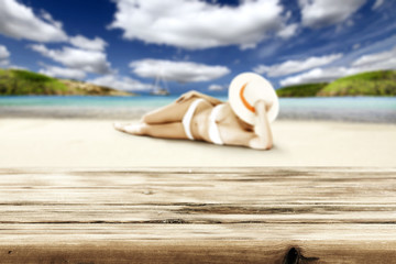 desk and woman in bikini 