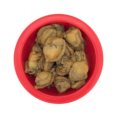 Top view of a small bowl of smoked scallops isolated on a white background