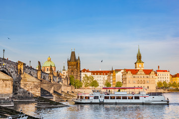 Fototapeta premium Prague, Czech Republic. Charles Bridge, boat cruise on Vltava river