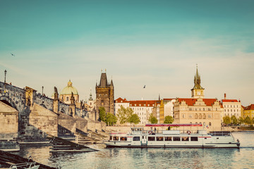Prague, Czech Republic. Charles Bridge, boat cruise on Vltava river. Vintage