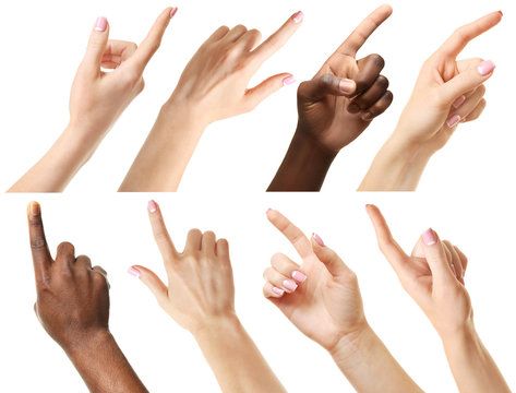 Set of different hands touching or pointing to something, isolated on white