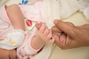Fototapeta na wymiar Little baby hand holding grand mom finger